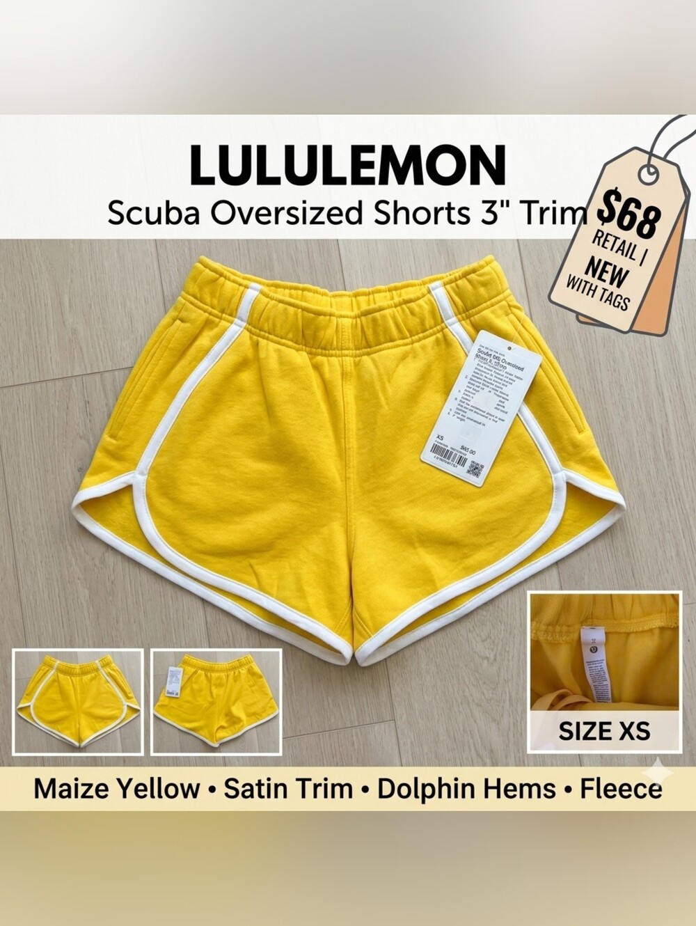 lululemon athletica Scuba 3" Trim Shorts - Yellow with White Trim Sz Xs